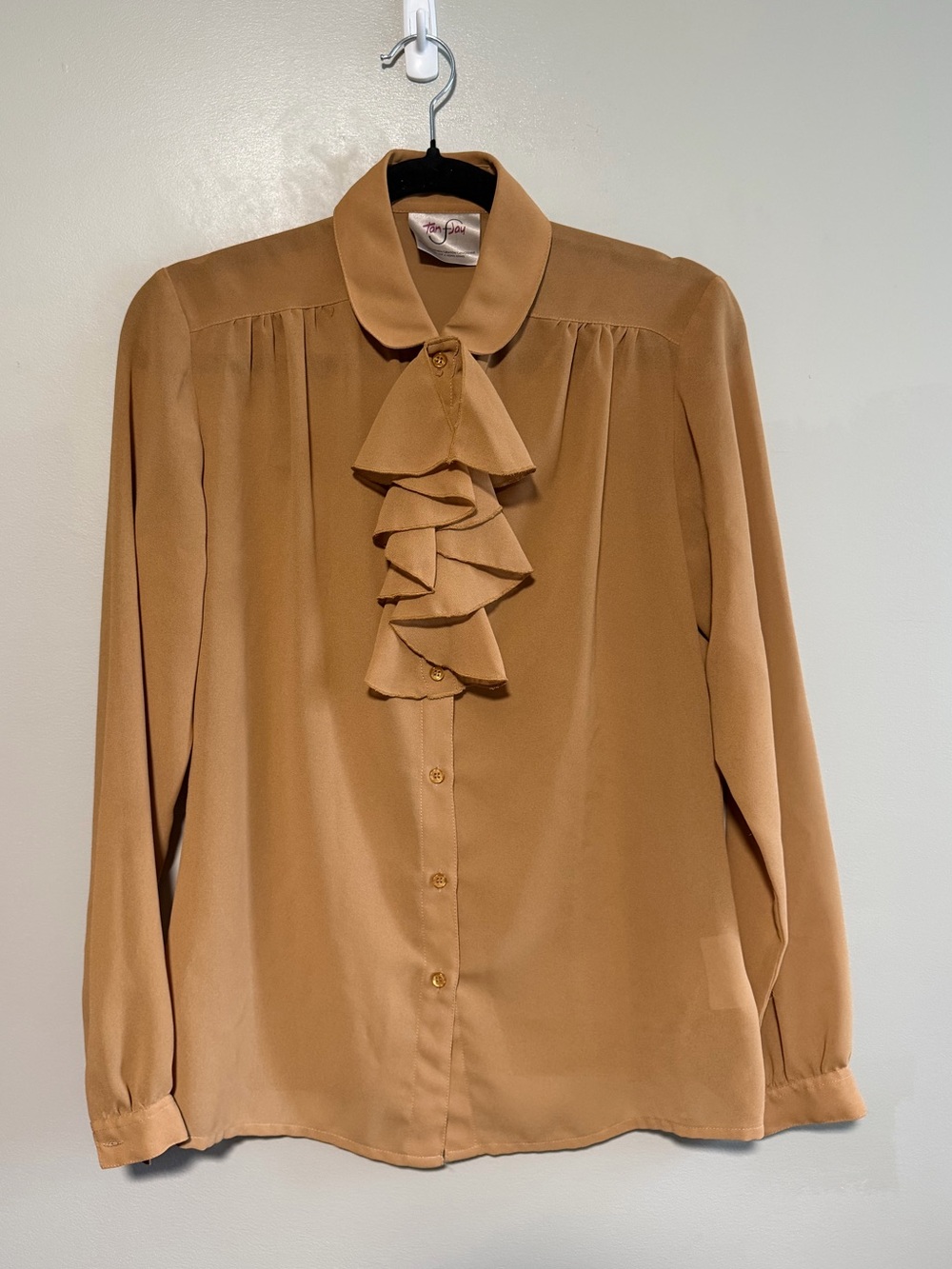 Vintage 80s 90s Tan Ruffle Blouse Tan Jay Polyester Shirt